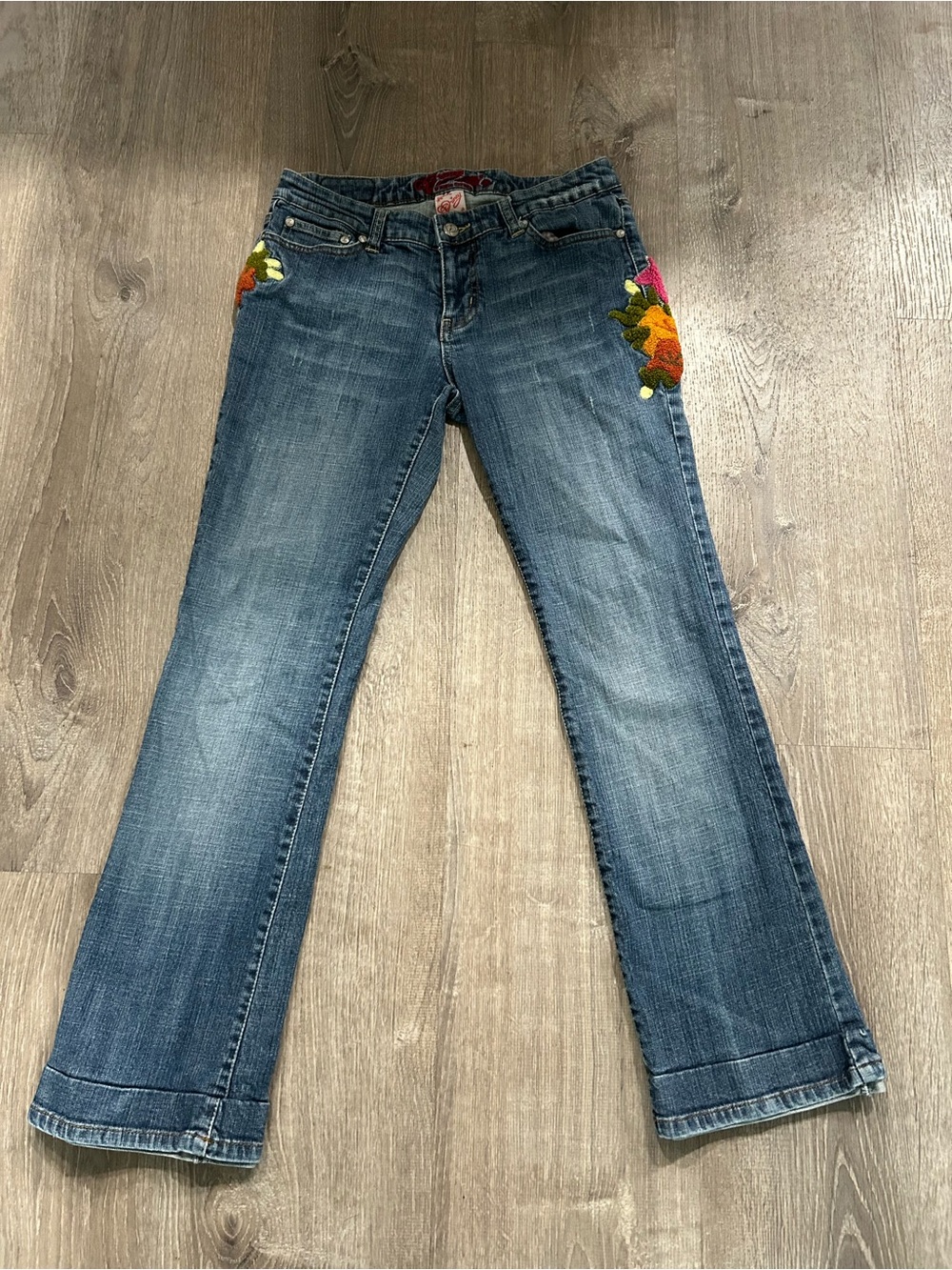 Jessica Simpson Blue Denim Bootcut Jeans with Colorful Side Embroidery Y2K